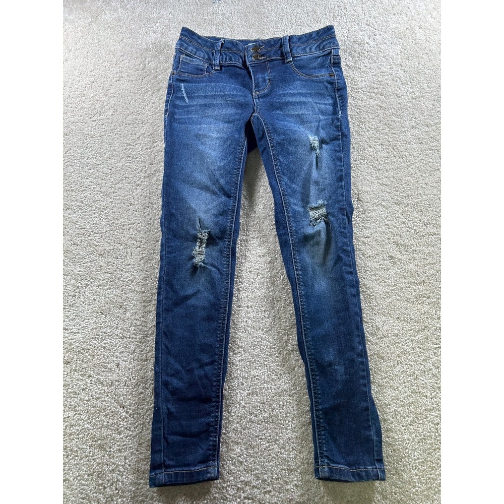 Mudd Girls Jeans 8 Mid-Rise Dark‎ Wash Distressed Jean Legging